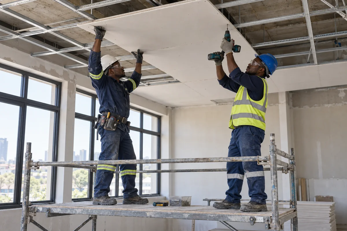Illustrative tradespeople installing ceiling boards in a Gauteng office