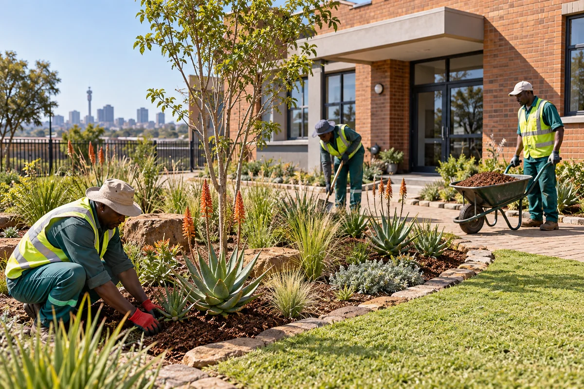 Illustrative South African landscaping team creating a water-wise planted garden