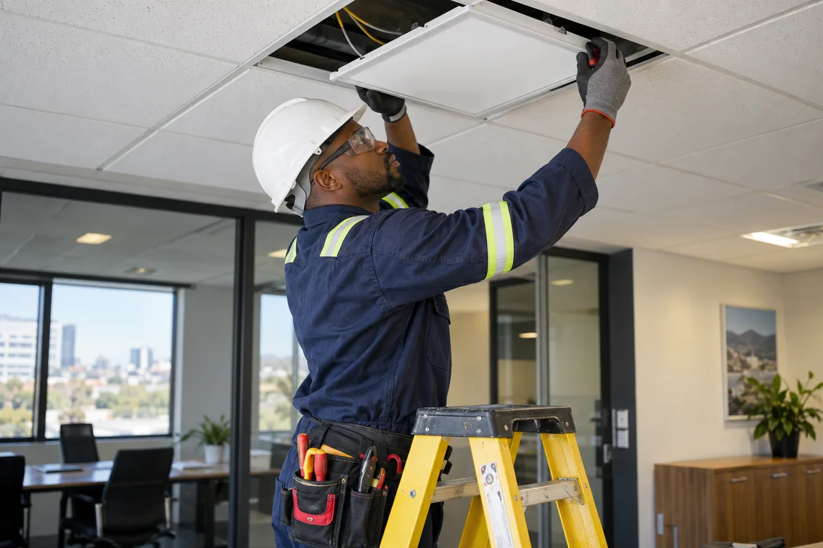 Illustrative electrical tradesperson replacing an office ceiling light with power isolated