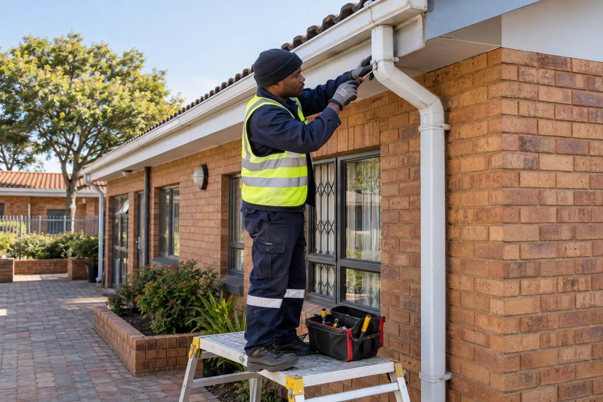 Illustrative maintenance technician attending to a downpipe at a Johannesburg face-brick building