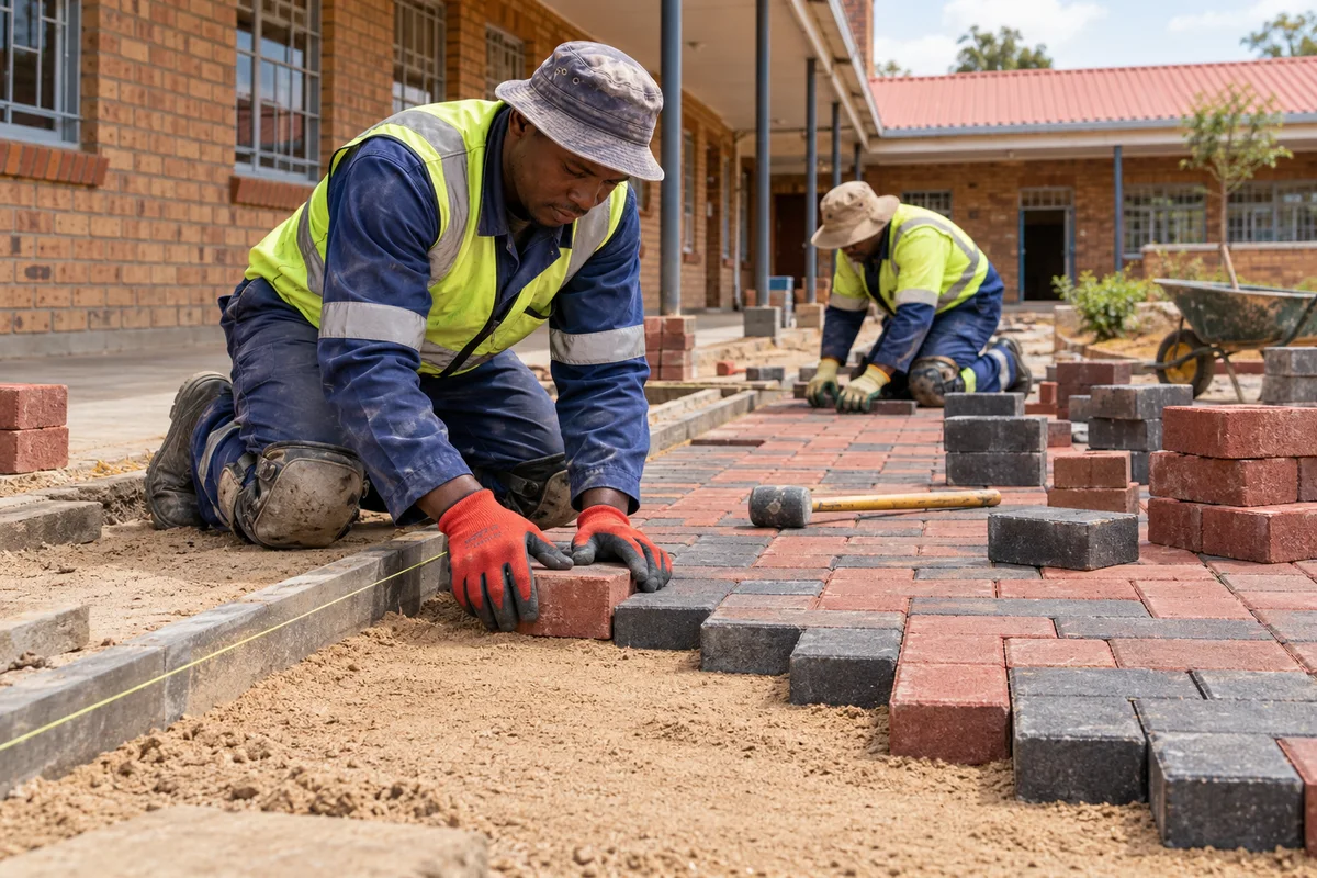 Illustrative crew laying interlocking paving blocks at a Gauteng community property