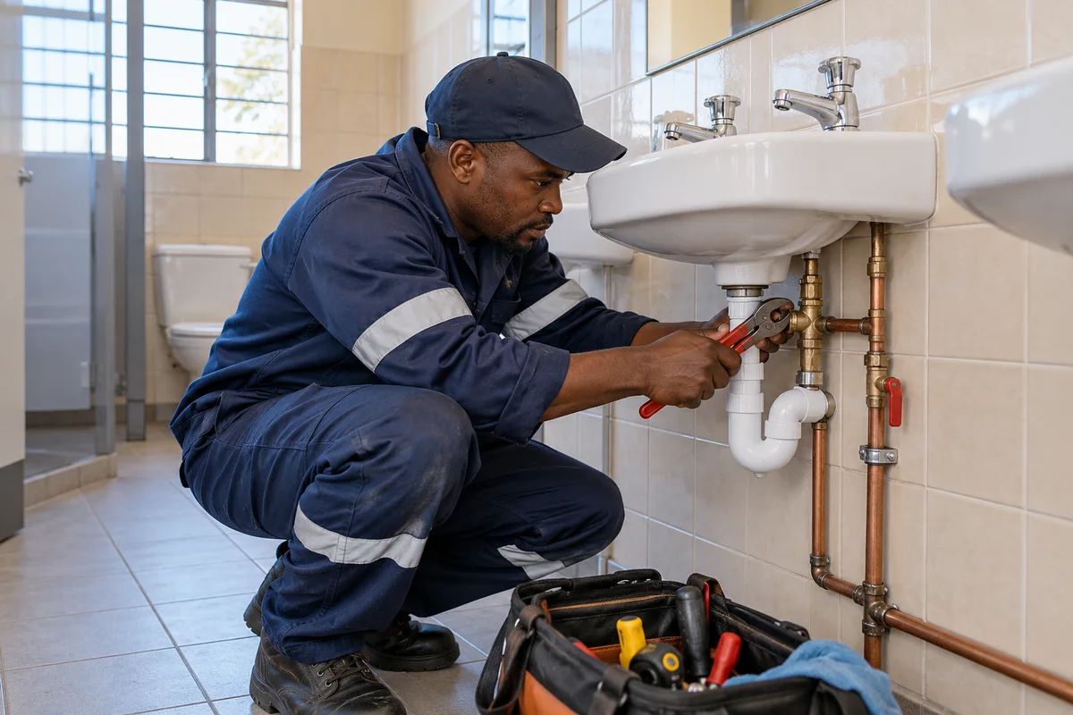 Illustrative plumber repairing basin pipework in a Johannesburg-style washroom