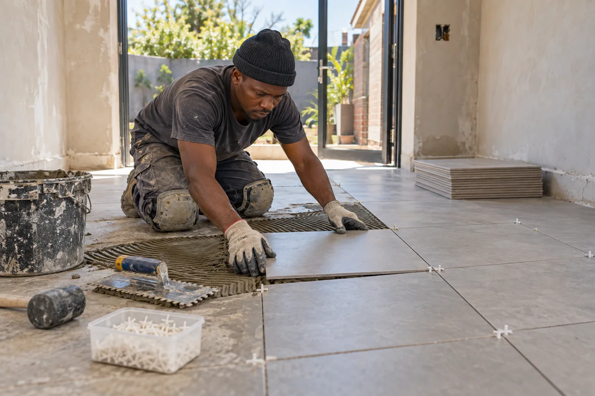 Illustrative tiler laying grey floor tiles in a South African home renovation